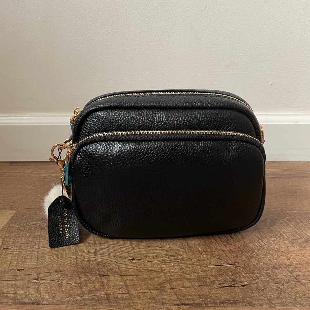 NWT Pom Pom London Black Leather Mayfair Bag w/ straps